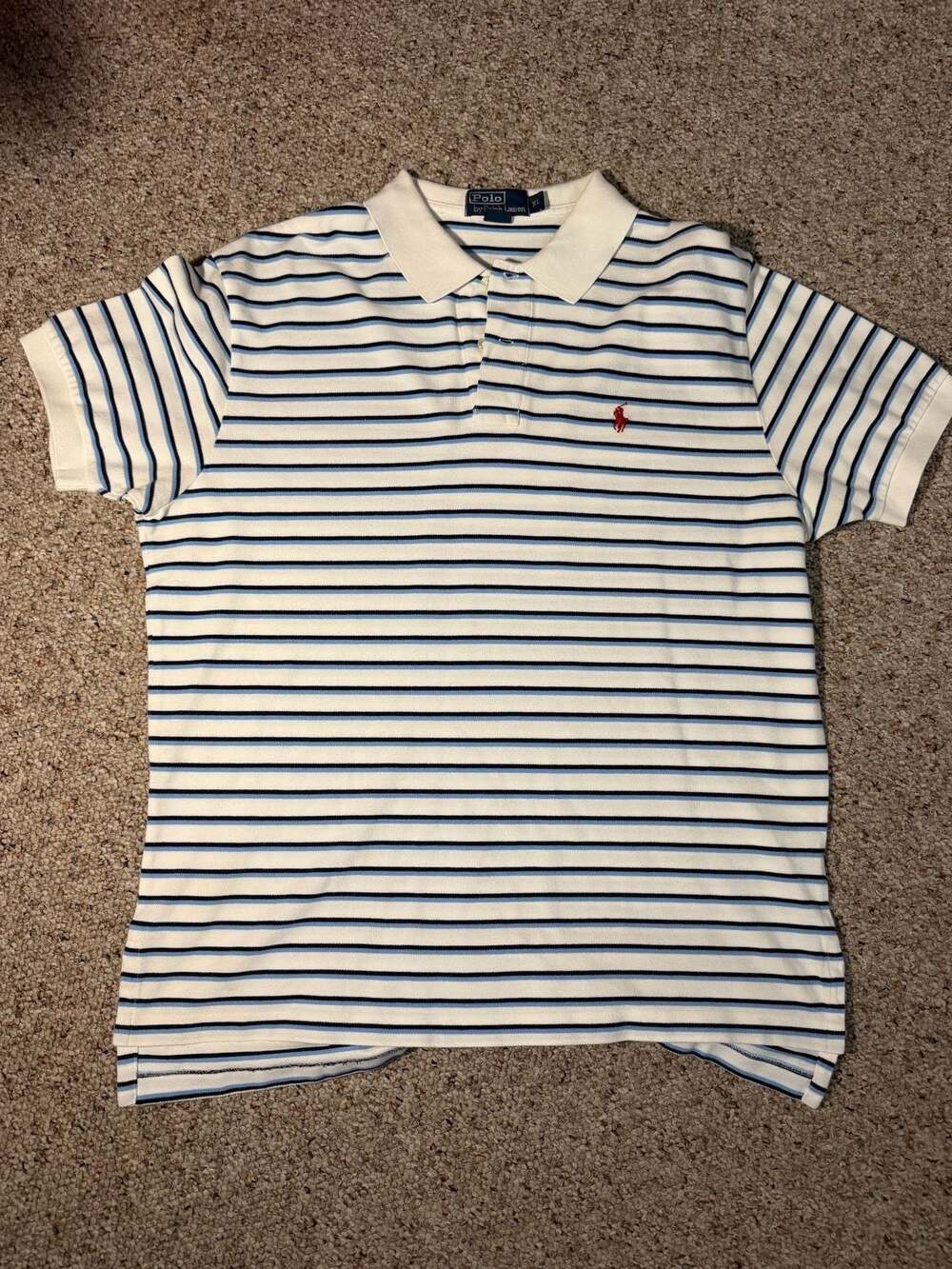 Polo Ralph Lauren Mens Vintage‎ Striped Pique Polo Shirt XL White Blue